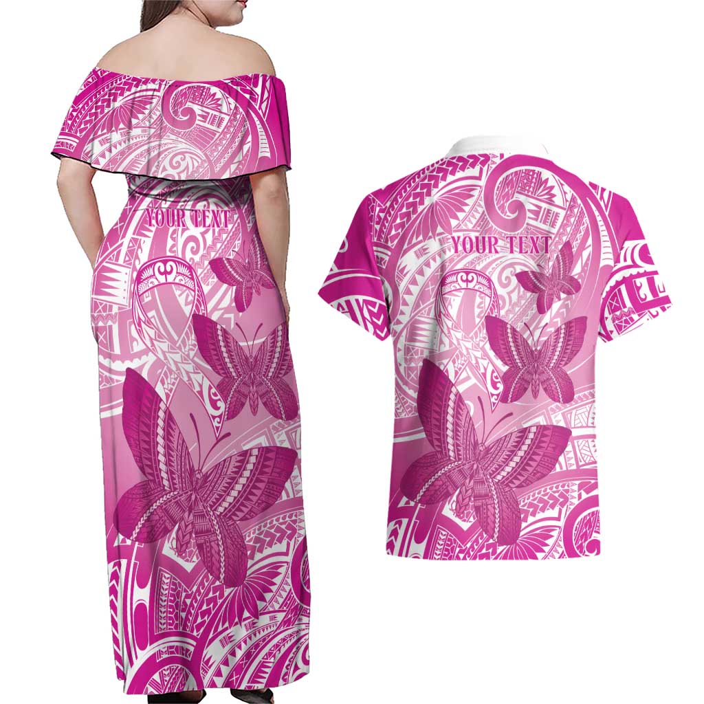 Personalised Polynesia Breast Cancer Awareness Couples Matching Off Shoulder Maxi Dress and Hawaiian Shirt Think Pink Ribbon Polynesian Butterflies LT14 - Polynesian Pride