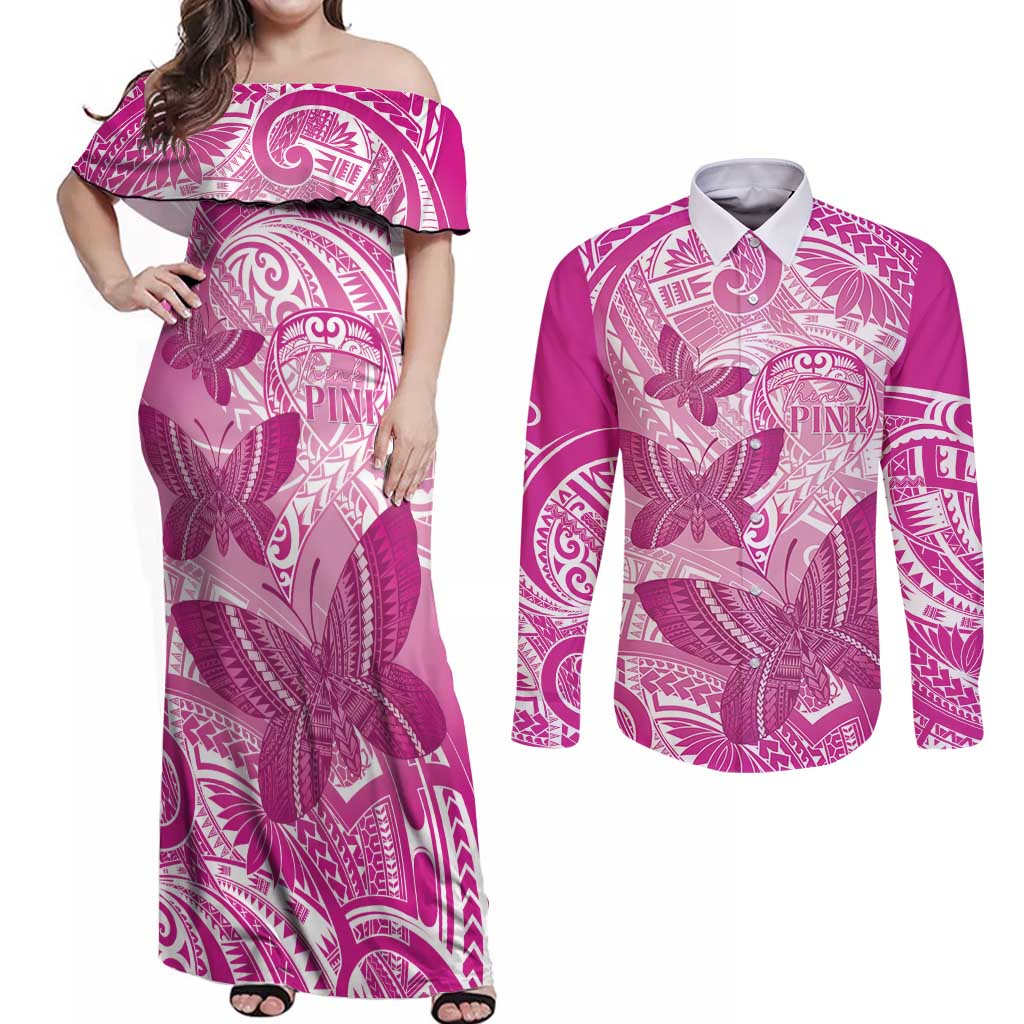 Personalised Polynesia Breast Cancer Awareness Couples Matching Off Shoulder Maxi Dress and Long Sleeve Button Shirt Think Pink Ribbon Polynesian Butterflies LT14 Pink - Polynesian Pride