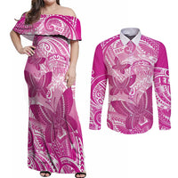 Personalised Polynesia Breast Cancer Awareness Couples Matching Off Shoulder Maxi Dress and Long Sleeve Button Shirt Think Pink Ribbon Polynesian Butterflies LT14 Pink - Polynesian Pride