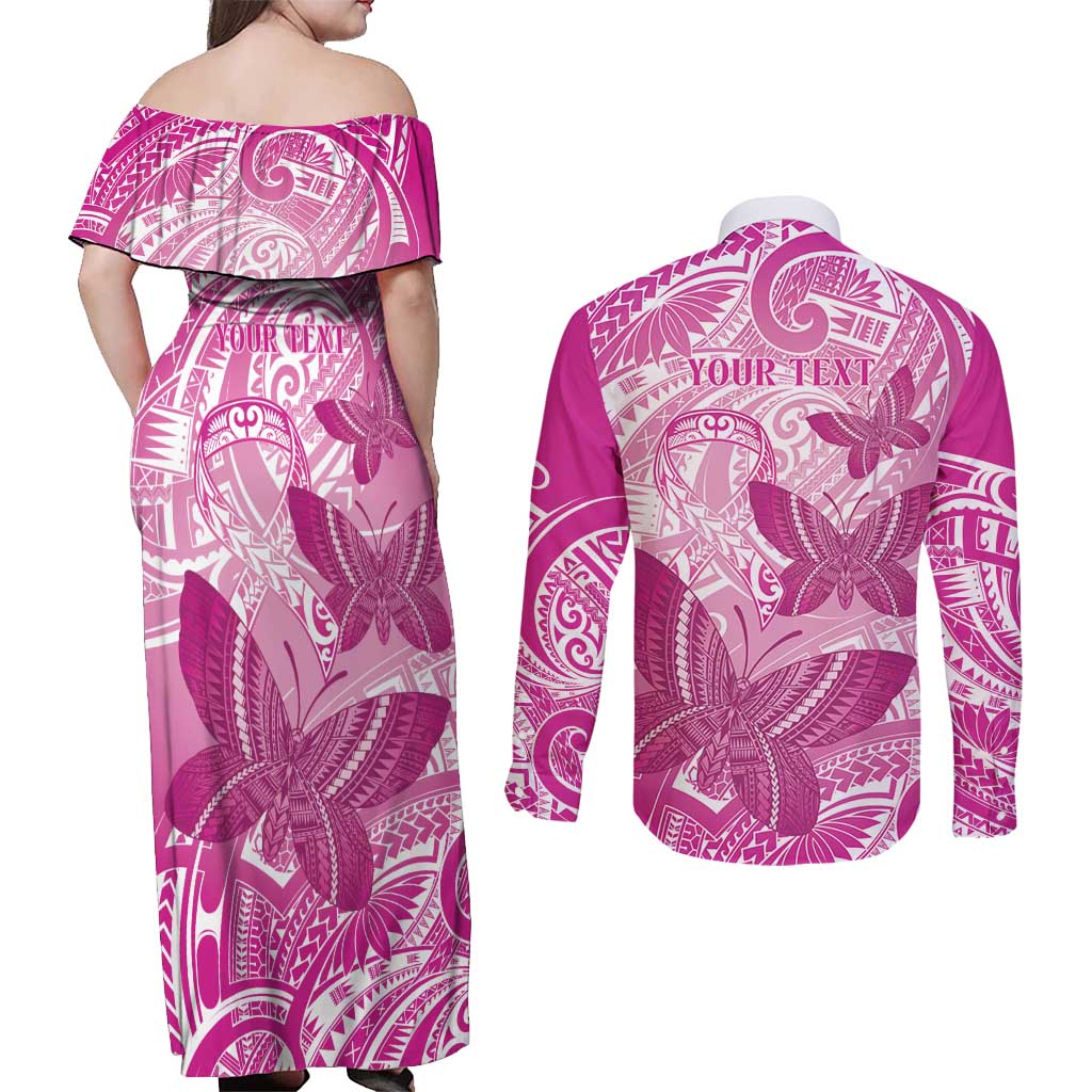 Personalised Polynesia Breast Cancer Awareness Couples Matching Off Shoulder Maxi Dress and Long Sleeve Button Shirt Think Pink Ribbon Polynesian Butterflies LT14 - Polynesian Pride