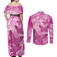 Personalised Polynesia Breast Cancer Awareness Couples Matching Off Shoulder Maxi Dress and Long Sleeve Button Shirt Think Pink Ribbon Polynesian Butterflies LT14 - Polynesian Pride