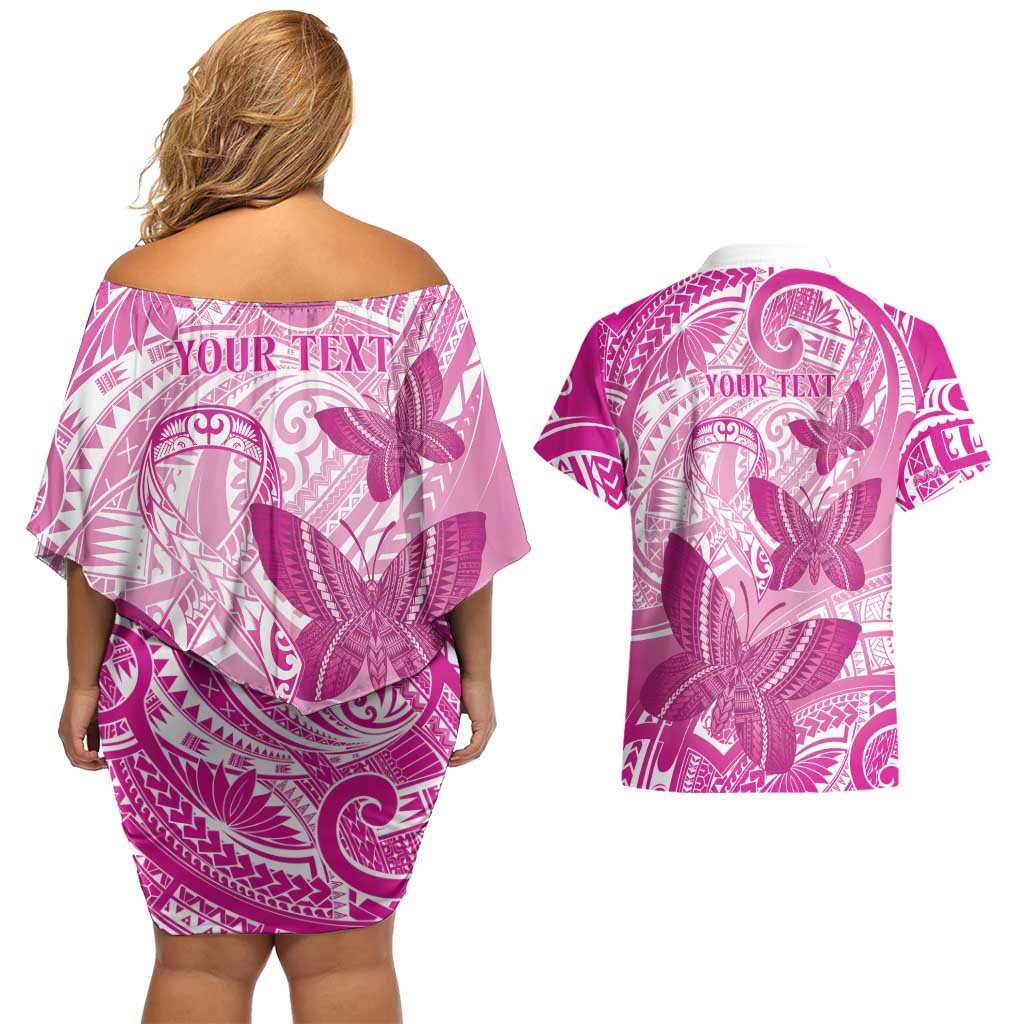 Personalised Polynesia Breast Cancer Awareness Couples Matching Off Shoulder Short Dress and Hawaiian Shirt Think Pink Ribbon Polynesian Butterflies LT14 - Polynesian Pride