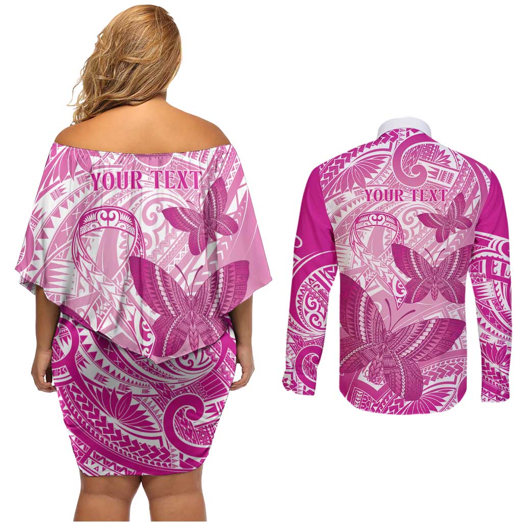 Personalised Polynesia Breast Cancer Awareness Couples Matching Off Shoulder Short Dress and Long Sleeve Button Shirt Think Pink Ribbon Polynesian Butterflies LT14 - Polynesian Pride