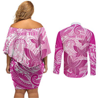 Personalised Polynesia Breast Cancer Awareness Couples Matching Off Shoulder Short Dress and Long Sleeve Button Shirt Think Pink Ribbon Polynesian Butterflies LT14 - Polynesian Pride