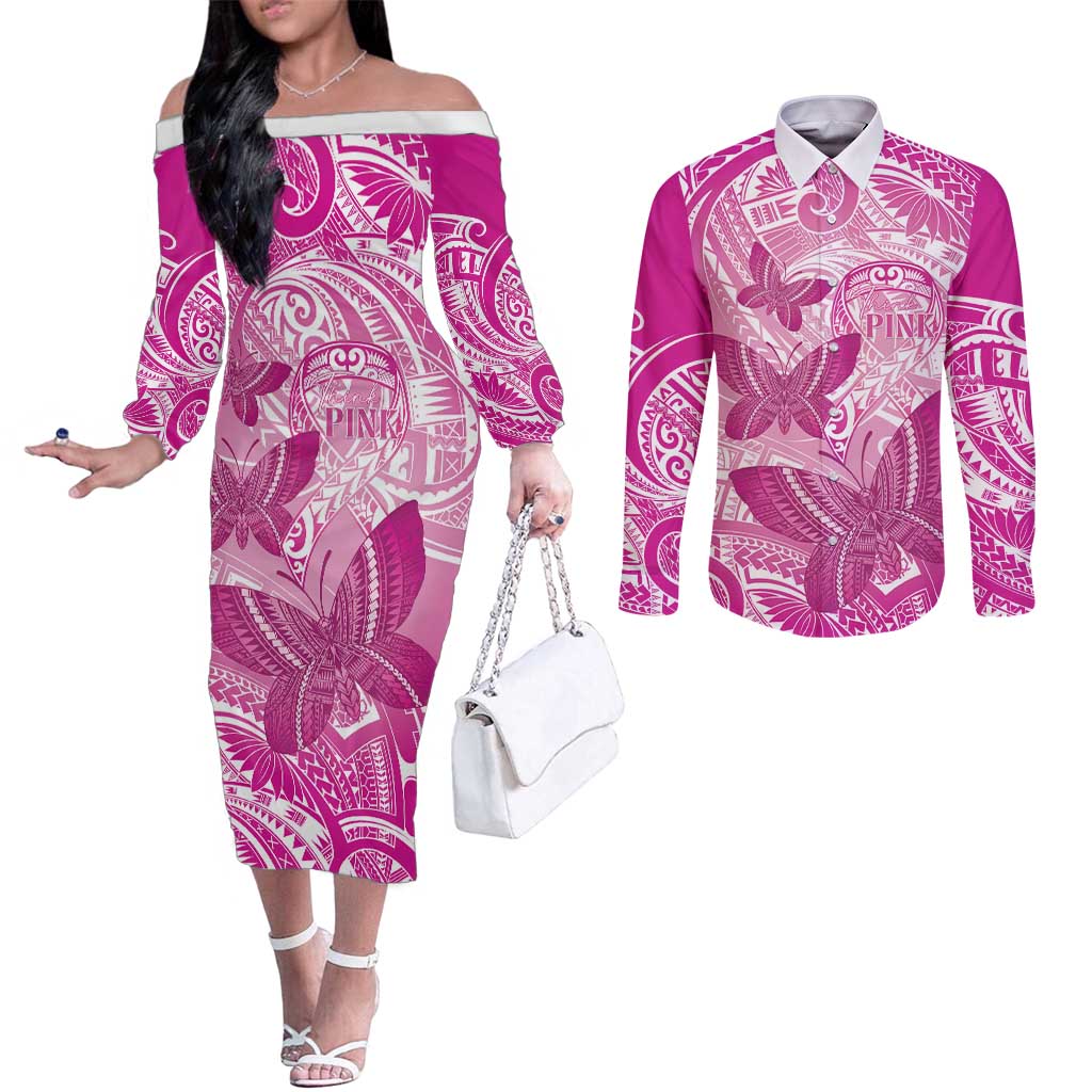 Personalised Polynesia Breast Cancer Awareness Couples Matching Off The Shoulder Long Sleeve Dress and Long Sleeve Button Shirt Think Pink Ribbon Polynesian Butterflies LT14 Pink - Polynesian Pride