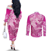 Personalised Polynesia Breast Cancer Awareness Couples Matching Off The Shoulder Long Sleeve Dress and Long Sleeve Button Shirt Think Pink Ribbon Polynesian Butterflies LT14 - Polynesian Pride