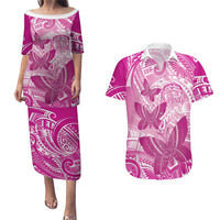 Personalised Polynesia Breast Cancer Awareness Couples Matching Puletasi and Hawaiian Shirt Think Pink Ribbon Polynesian Butterflies LT14 Pink - Polynesian Pride