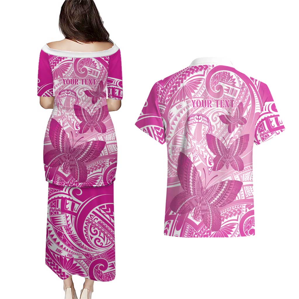Personalised Polynesia Breast Cancer Awareness Couples Matching Puletasi and Hawaiian Shirt Think Pink Ribbon Polynesian Butterflies LT14 - Polynesian Pride