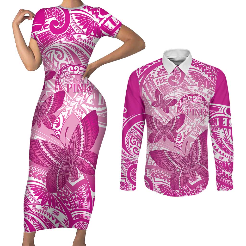 Personalised Polynesia Breast Cancer Awareness Couples Matching Short Sleeve Bodycon Dress and Long Sleeve Button Shirt Think Pink Ribbon Polynesian Butterflies LT14 Pink - Polynesian Pride