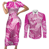 Personalised Polynesia Breast Cancer Awareness Couples Matching Short Sleeve Bodycon Dress and Long Sleeve Button Shirt Think Pink Ribbon Polynesian Butterflies LT14 Pink - Polynesian Pride