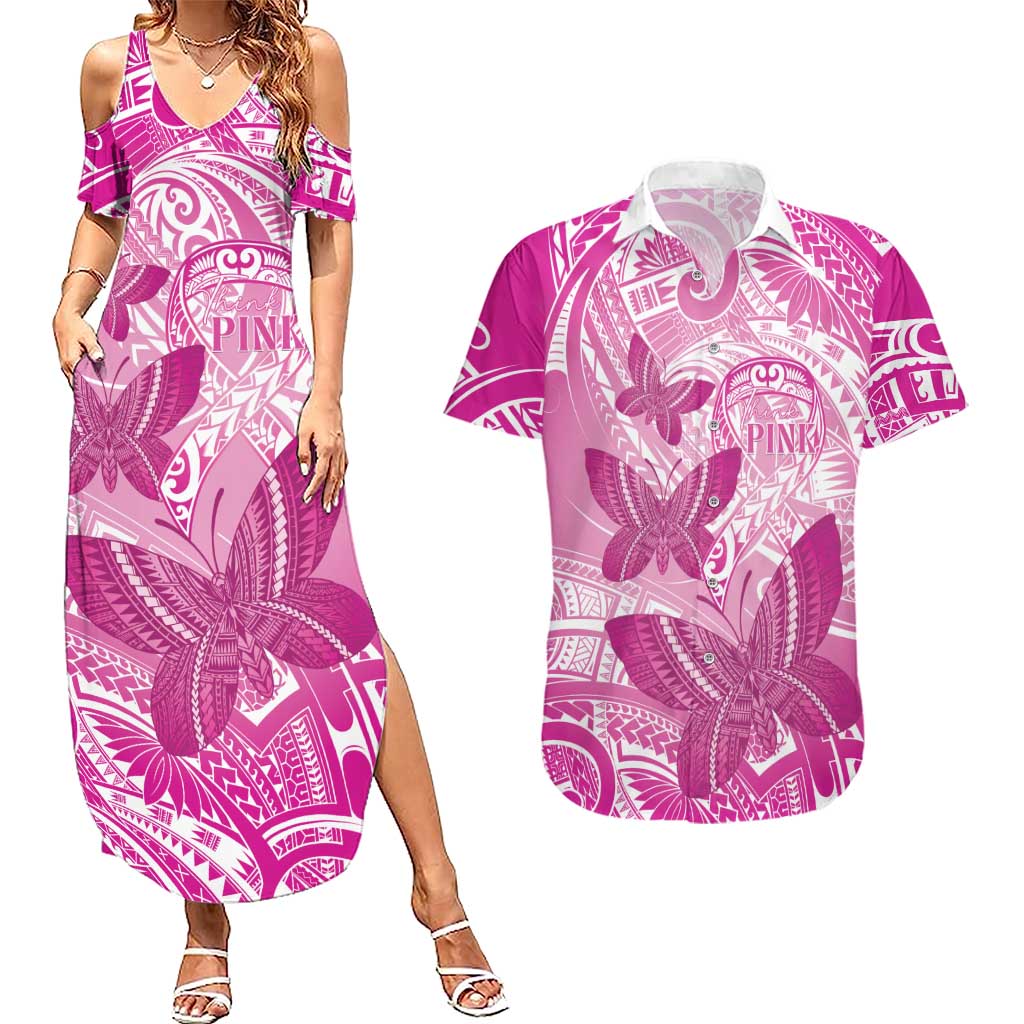 Personalised Polynesia Breast Cancer Awareness Couples Matching Summer Maxi Dress and Hawaiian Shirt Think Pink Ribbon Polynesian Butterflies
