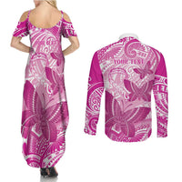 Personalised Polynesia Breast Cancer Awareness Couples Matching Summer Maxi Dress and Long Sleeve Button Shirt Think Pink Ribbon Polynesian Butterflies LT14 - Polynesian Pride