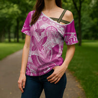 Personalised Polynesia Breast Cancer Awareness Cross Shoulder Shirt Think Pink Ribbon Polynesian Butterflies