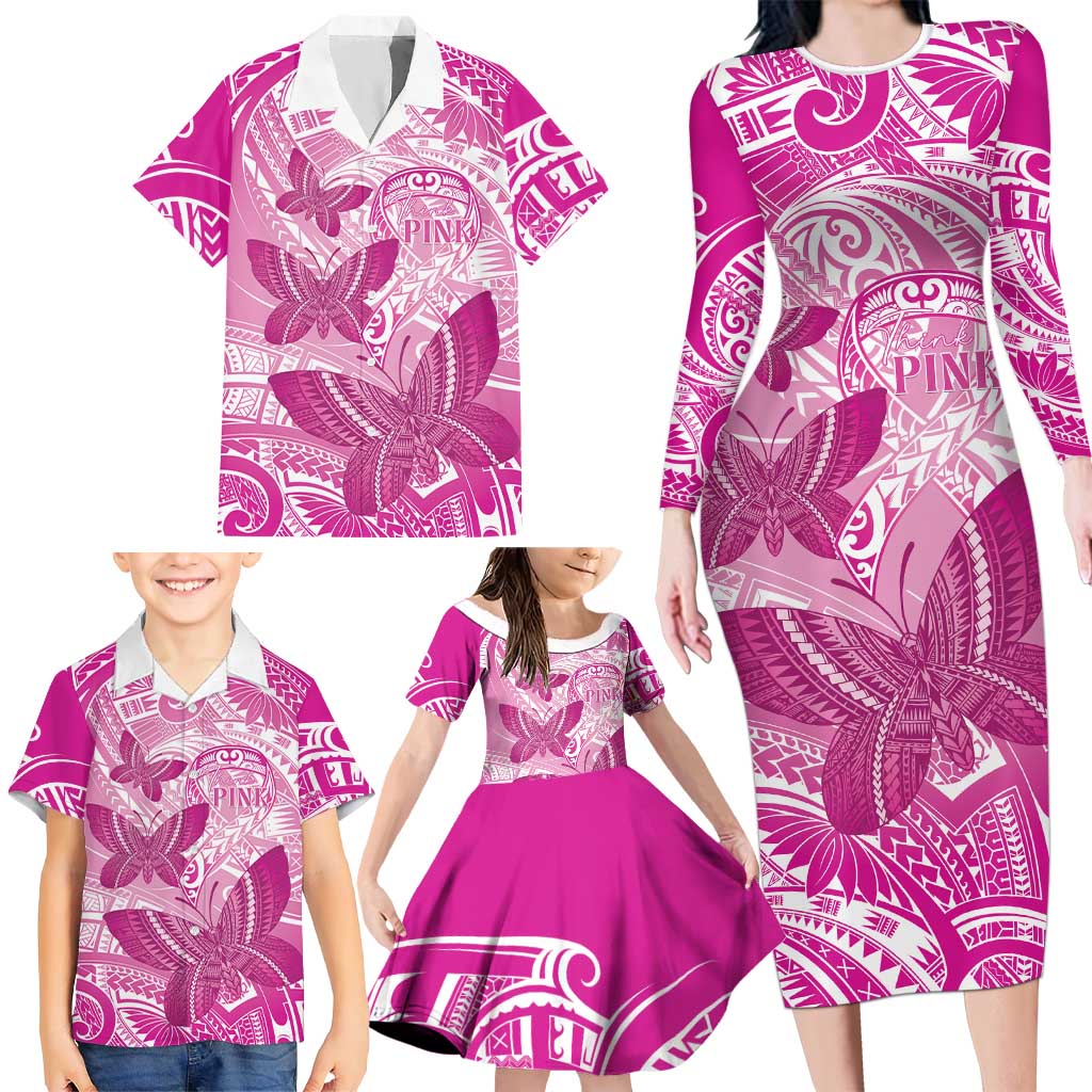 Personalised Polynesia Breast Cancer Awareness Family Matching Long Sleeve Bodycon Dress and Hawaiian Shirt Think Pink Ribbon Polynesian Butterflies LT14 - Polynesian Pride