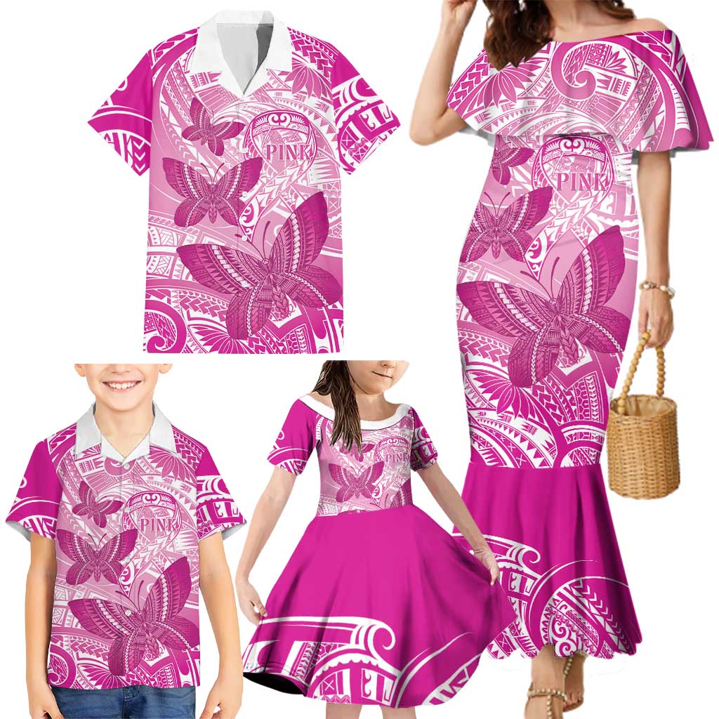 Personalised Polynesia Breast Cancer Awareness Family Matching Mermaid Dress and Hawaiian Shirt Think Pink Ribbon Polynesian Butterflies
