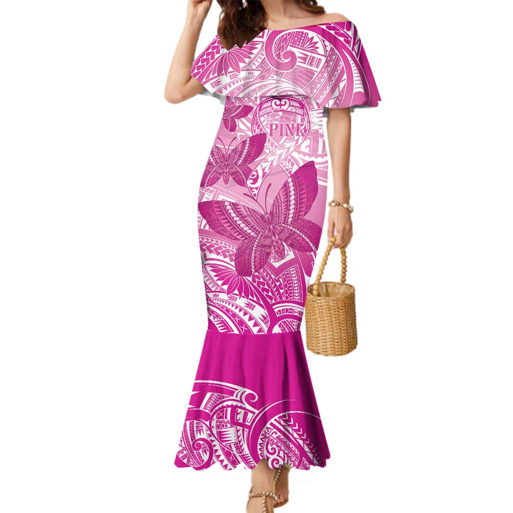 Personalised Polynesia Breast Cancer Awareness Family Matching Mermaid Dress and Hawaiian Shirt Think Pink Ribbon Polynesian Butterflies LT14 Mom's Dress Pink - Polynesian Pride