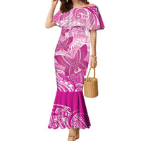 Personalised Polynesia Breast Cancer Awareness Family Matching Mermaid Dress and Hawaiian Shirt Think Pink Ribbon Polynesian Butterflies LT14 Mom's Dress Pink - Polynesian Pride