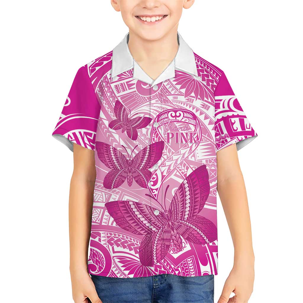 Personalised Polynesia Breast Cancer Awareness Family Matching Mermaid Dress and Hawaiian Shirt Think Pink Ribbon Polynesian Butterflies LT14 Son's Shirt Pink - Polynesian Pride