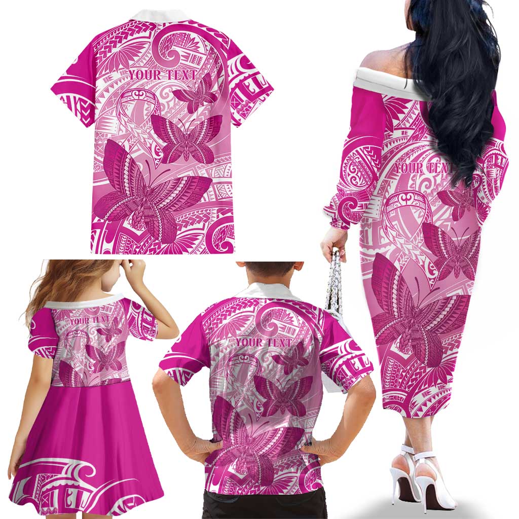 Personalised Polynesia Breast Cancer Awareness Family Matching Off The Shoulder Long Sleeve Dress and Hawaiian Shirt Think Pink Ribbon Polynesian Butterflies LT14 - Polynesian Pride