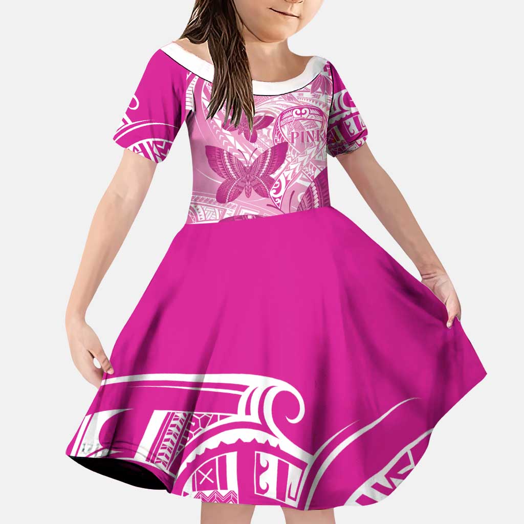 Personalised Polynesia Breast Cancer Awareness Family Matching Off Shoulder Maxi Dress and Hawaiian Shirt Think Pink Ribbon Polynesian Butterflies LT14 Daughter's Dress Pink - Polynesian Pride