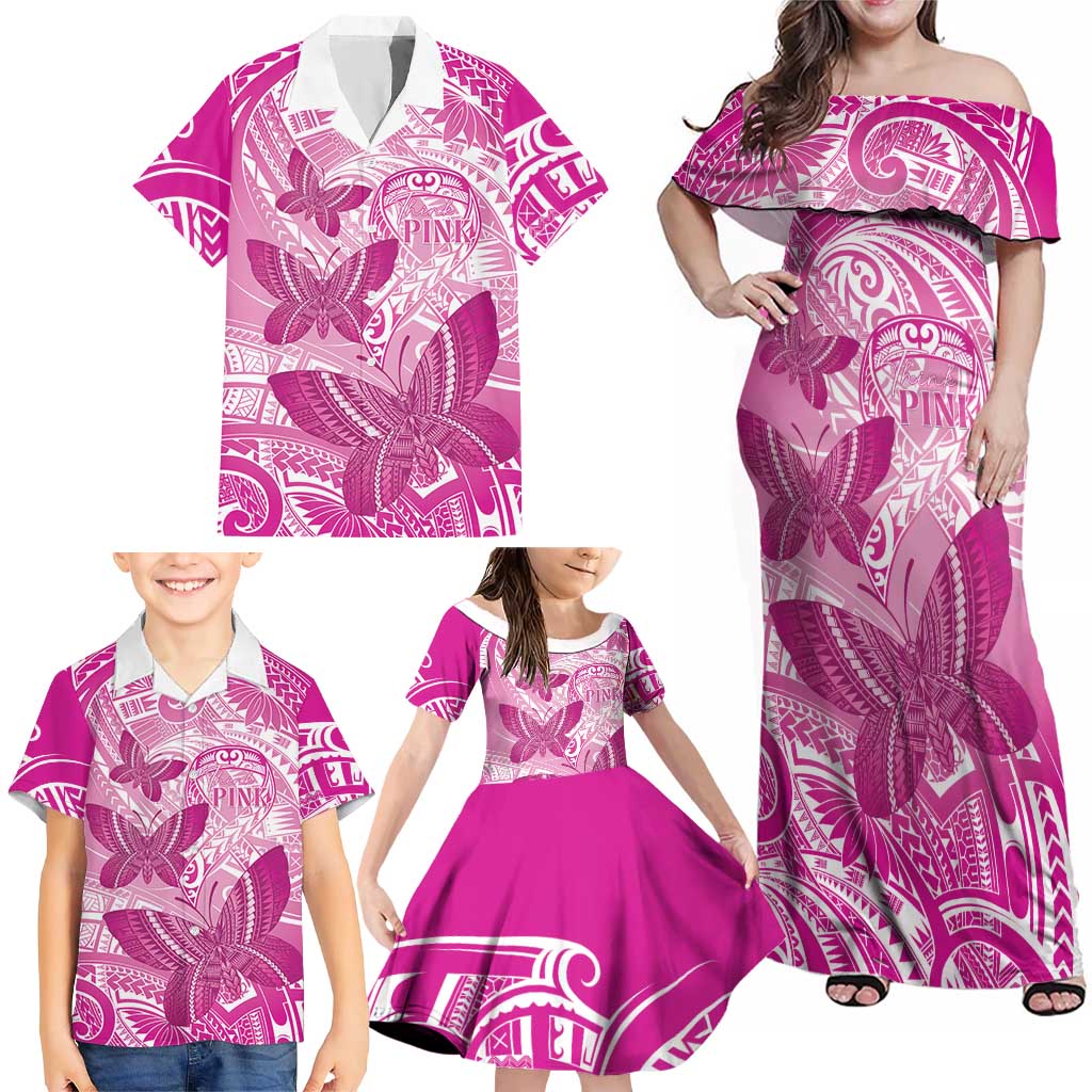 Personalised Polynesia Breast Cancer Awareness Family Matching Off Shoulder Maxi Dress and Hawaiian Shirt Think Pink Ribbon Polynesian Butterflies LT14 - Polynesian Pride