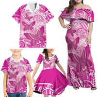 Personalised Polynesia Breast Cancer Awareness Family Matching Off Shoulder Maxi Dress and Hawaiian Shirt Think Pink Ribbon Polynesian Butterflies LT14 - Polynesian Pride