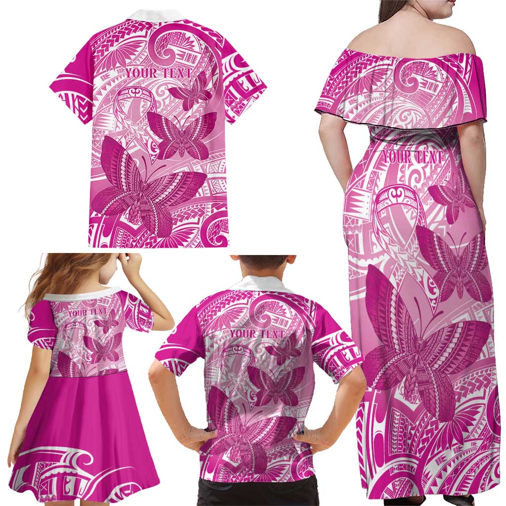 Personalised Polynesia Breast Cancer Awareness Family Matching Off Shoulder Maxi Dress and Hawaiian Shirt Think Pink Ribbon Polynesian Butterflies LT14 - Polynesian Pride