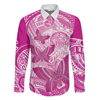 Personalised Polynesia Breast Cancer Awareness Family Matching Off Shoulder Maxi Dress and Hawaiian Shirt Think Pink Ribbon Polynesian Butterflies LT14 Dad's Shirt - Long Sleeve Pink - Polynesian Pride