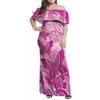 Personalised Polynesia Breast Cancer Awareness Family Matching Off Shoulder Maxi Dress and Hawaiian Shirt Think Pink Ribbon Polynesian Butterflies LT14 Mom's Dress Pink - Polynesian Pride