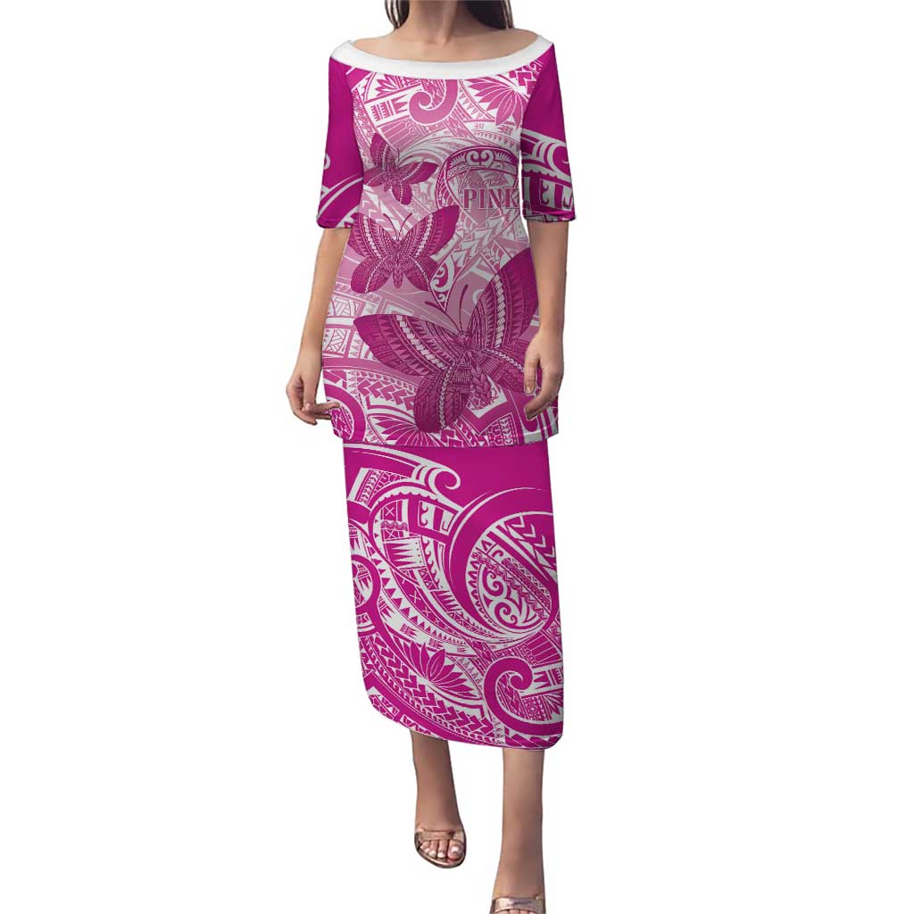 Personalised Polynesia Breast Cancer Awareness Family Matching Puletasi and Hawaiian Shirt Think Pink Ribbon Polynesian Butterflies LT14 Mom's Dress Pink - Polynesian Pride