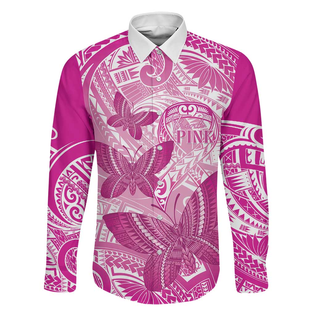 Personalised Polynesia Breast Cancer Awareness Family Matching Summer Maxi Dress and Hawaiian Shirt Think Pink Ribbon Polynesian Butterflies LT14 Dad's Shirt - Long Sleeve Pink - Polynesian Pride