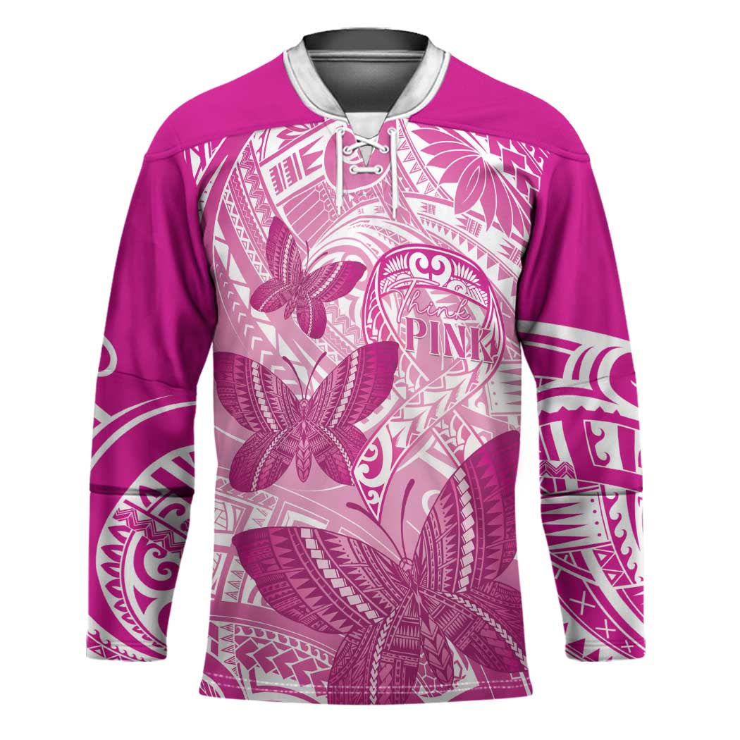 Personalised Polynesia Breast Cancer Awareness Hockey Jersey Think Pink Ribbon Polynesian Butterflies