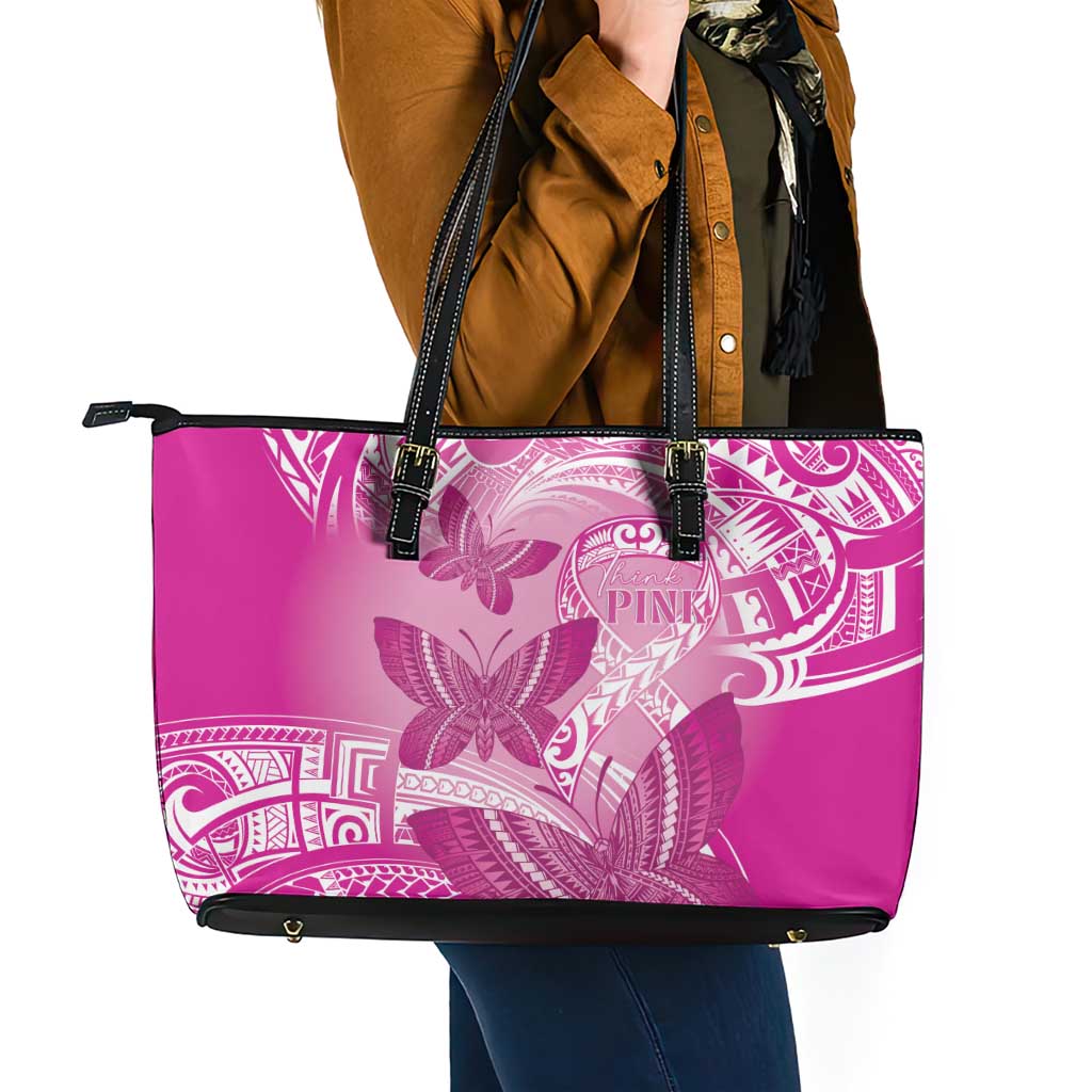 Polynesia Breast Cancer Awareness Leather Tote Bag Think Pink Ribbon Polynesian Butterflies