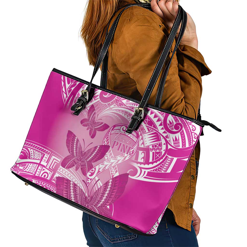 Polynesia Breast Cancer Awareness Leather Tote Bag Think Pink Ribbon Polynesian Butterflies
