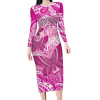 Personalised Polynesia Breast Cancer Awareness Long Sleeve Bodycon Dress Think Pink Ribbon Polynesian Butterflies