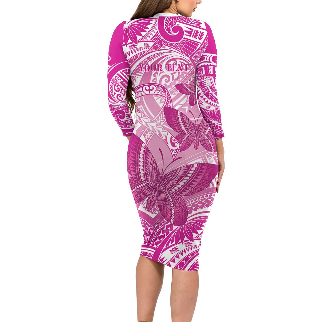 Personalised Polynesia Breast Cancer Awareness Long Sleeve Bodycon Dress Think Pink Ribbon Polynesian Butterflies