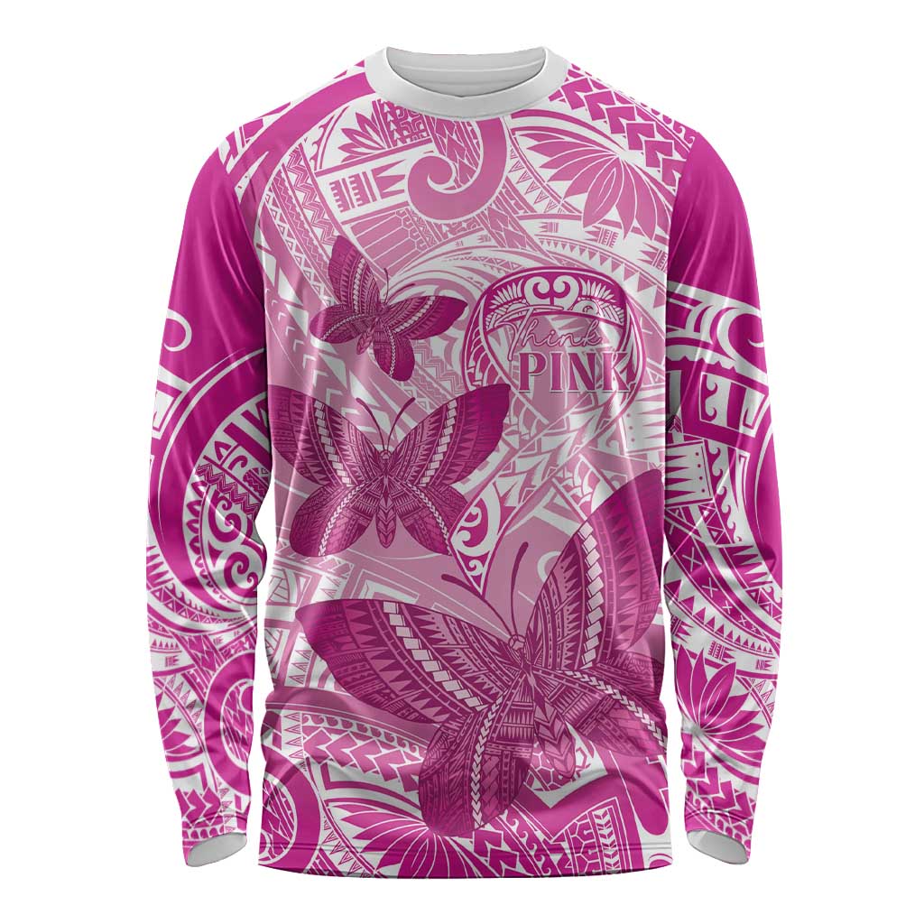 Personalised Polynesia Breast Cancer Awareness Long Sleeve Shirt Think Pink Ribbon Polynesian Butterflies