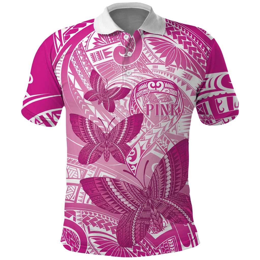 Personalised Polynesia Breast Cancer Awareness Polo Shirt Think Pink Ribbon Polynesian Butterflies