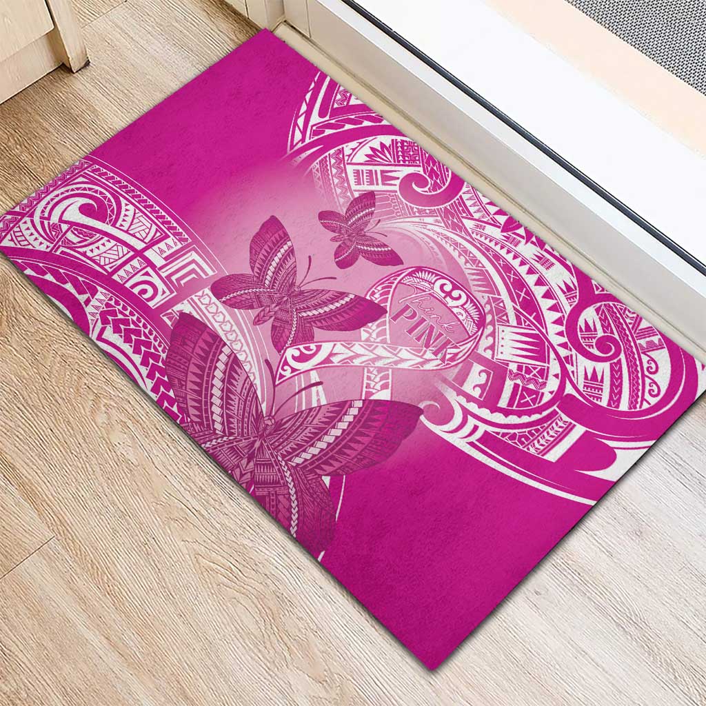 Polynesia Breast Cancer Awareness Rubber Doormat Think Pink Ribbon Polynesian Butterflies