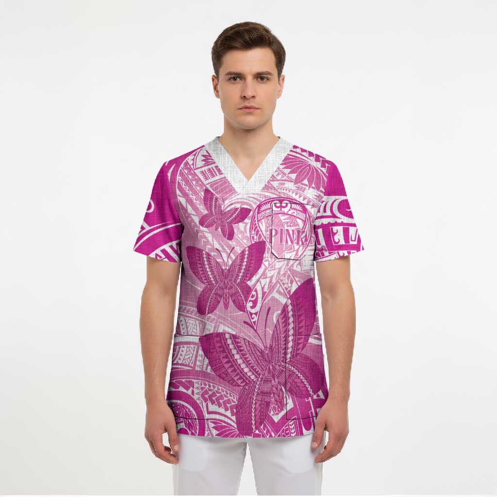 Personalised Polynesia Breast Cancer Awareness Scrub Top Think Pink Ribbon Polynesian Butterflies