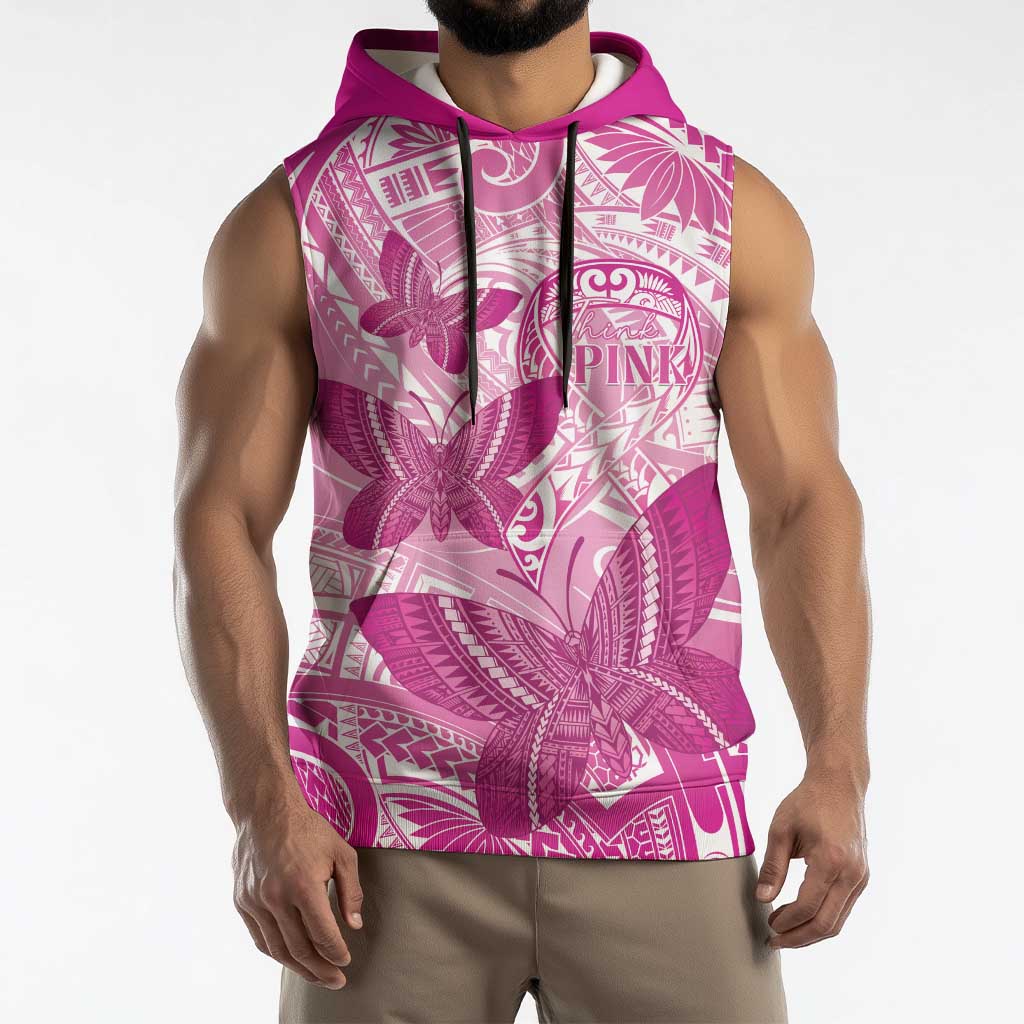 Personalised Polynesia Breast Cancer Awareness Sleeveless Hoodie Think Pink Ribbon Polynesian Butterflies
