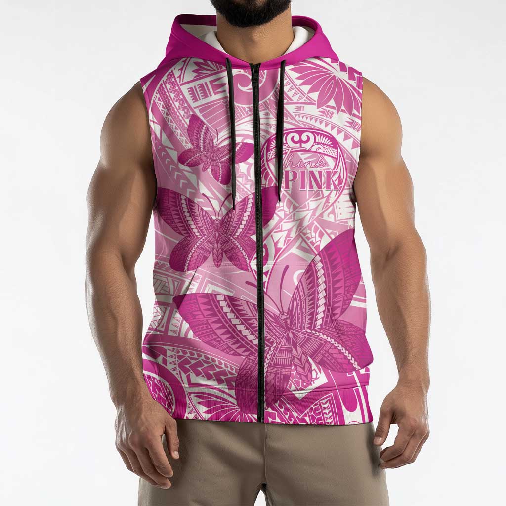 Personalised Polynesia Breast Cancer Awareness Sleeveless Zip Hoodie Think Pink Ribbon Polynesian Butterflies