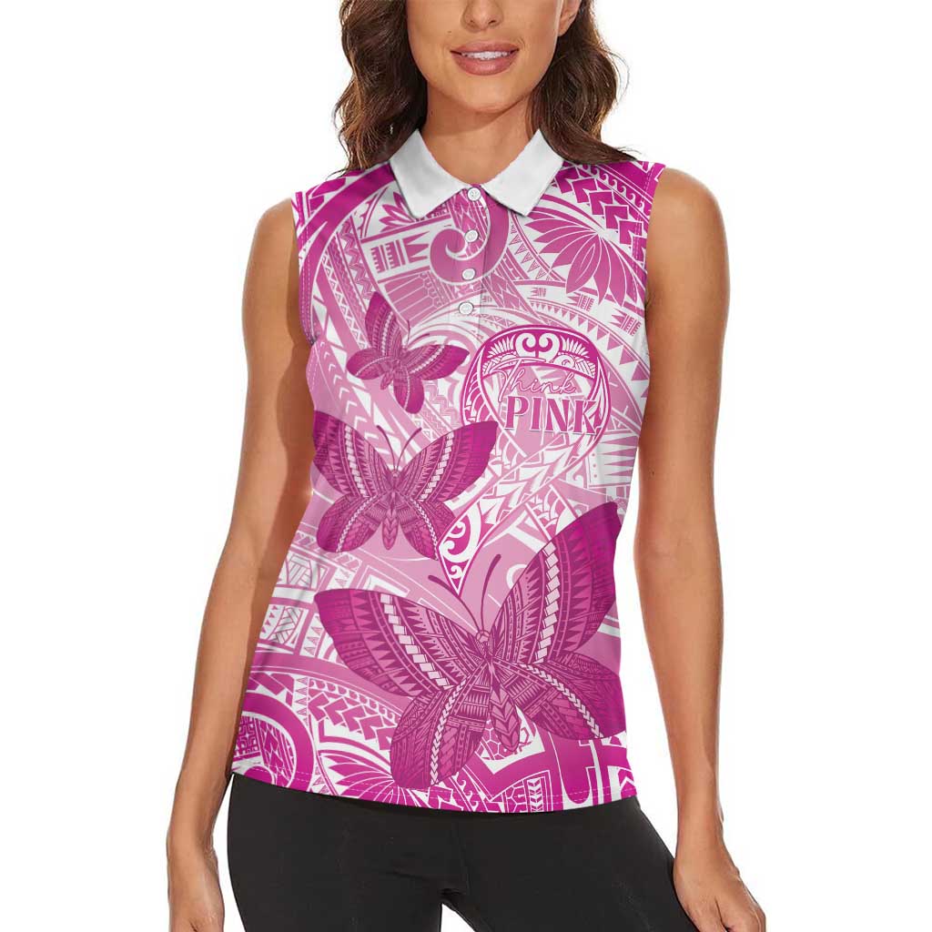 Personalised Polynesia Breast Cancer Awareness Women Sleeveless Polo Shirt Think Pink Ribbon Polynesian Butterflies LT14 - Polynesian Pride