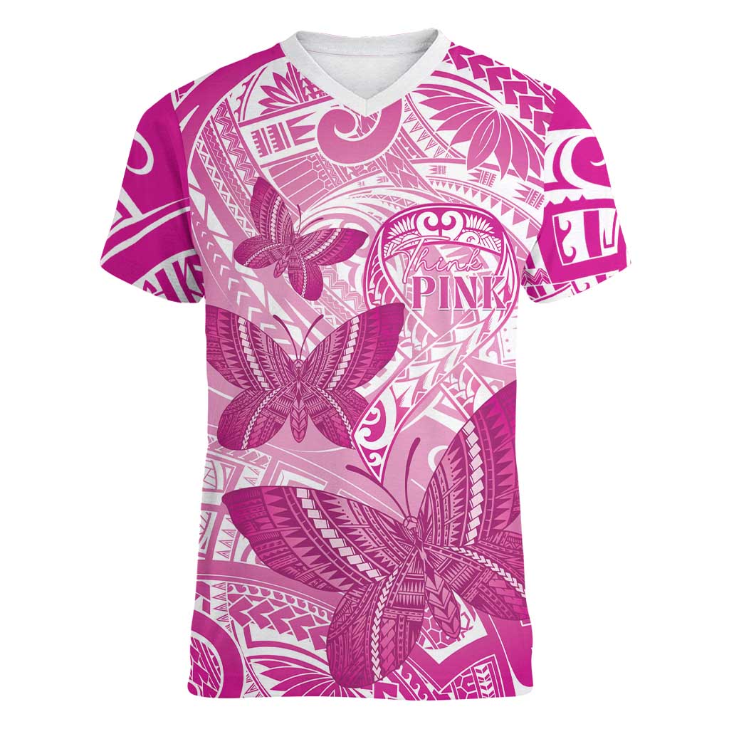 Personalised Polynesia Breast Cancer Awareness Women V-Neck T-Shirt Think Pink Ribbon Polynesian Butterflies LT14 Female Pink - Polynesian Pride