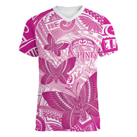Personalised Polynesia Breast Cancer Awareness Women V-Neck T-Shirt Think Pink Ribbon Polynesian Butterflies LT14 Female Pink - Polynesian Pride