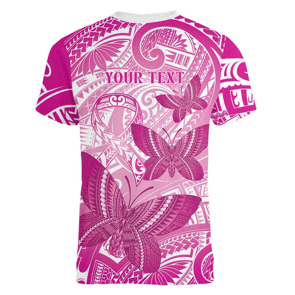 Personalised Polynesia Breast Cancer Awareness Women V-Neck T-Shirt Think Pink Ribbon Polynesian Butterflies LT14 - Polynesian Pride