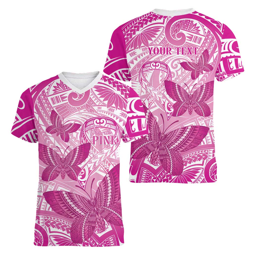 Personalised Polynesia Breast Cancer Awareness Women V-Neck T-Shirt Think Pink Ribbon Polynesian Butterflies LT14 - Polynesian Pride