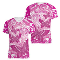 Personalised Polynesia Breast Cancer Awareness Women V-Neck T-Shirt Think Pink Ribbon Polynesian Butterflies LT14 - Polynesian Pride