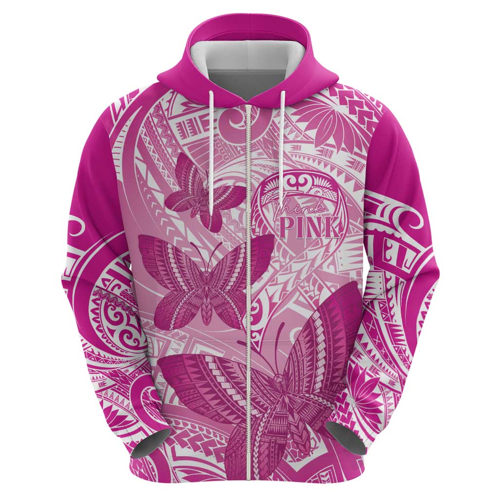 Personalised Polynesia Breast Cancer Awareness Zip Hoodie Think Pink Ribbon Polynesian Butterflies