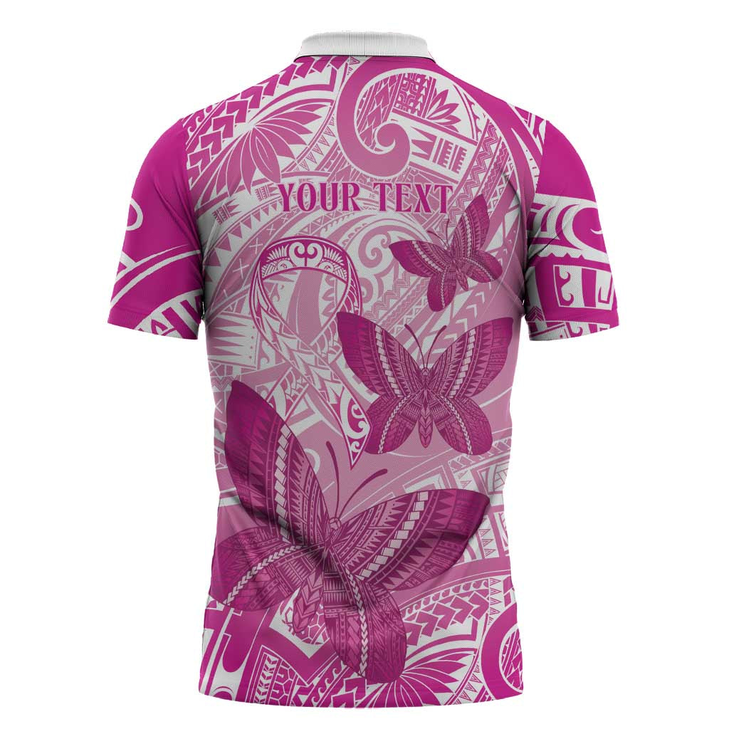 Personalised Polynesia Breast Cancer Awareness Zipper Polo Shirt Think Pink Ribbon Polynesian Butterflies